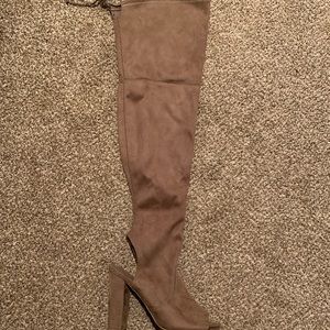 Tan open toe thigh high boots